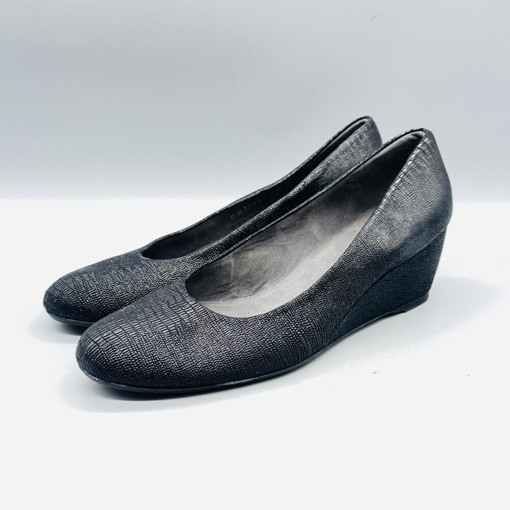 Stuart Weitzman Shoes Womens 9 Black Leather Wedge Pumps Round Toe Slip On - Picture 3 of 11